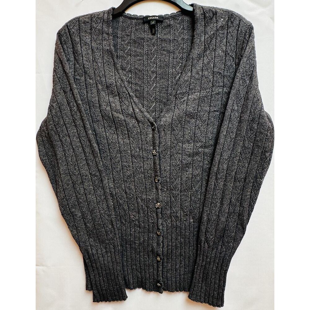 ESCADA Women’s Gray Knit Cardigan Embellished Button Front Wool Cashmere Silk